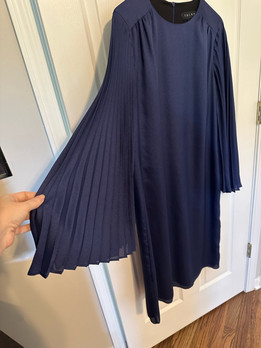 Navy Blue Pleated Sleeves Shift Dress